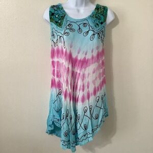 Vintage Blue Tie Dye Fairy Hippie Boho‎ Embroidered Festive Mini Dress Large